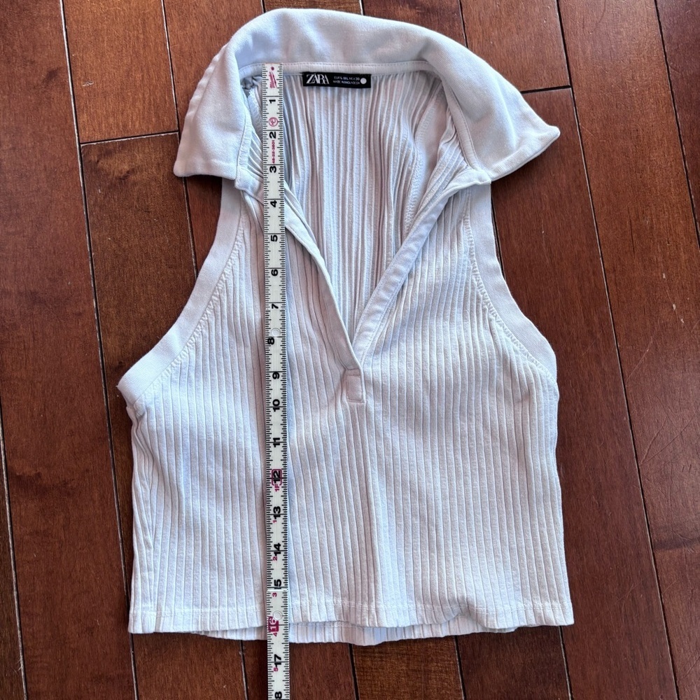 Zara Cream Ribbed Collared Crop Top - Picture 6 of 8